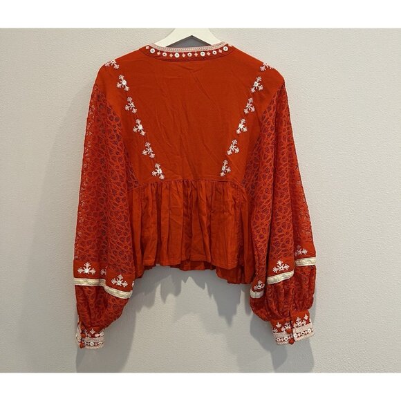 Free People Blouse boogie all night Size XS Crop top Embroidery Lace Red V Neck - Picture 5 of 16